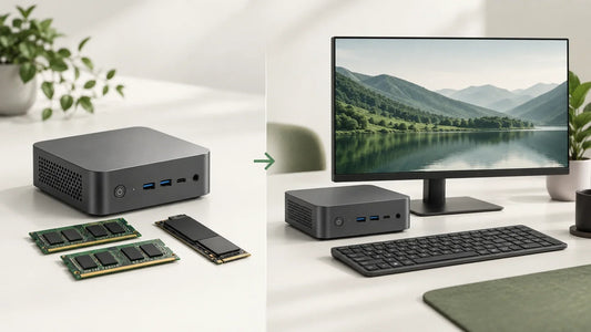 Illustration d’un mini PC barebone avec RAM et SSD séparés, à côté d’un poste préconfiguré avec écran et clavier.