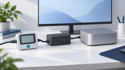 Illustration conceptuelle d’un mini PC, de son alimentation et d’un compteur d’énergie sur un bureau.