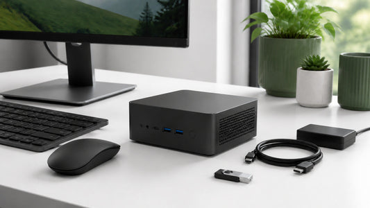 Mini PC compact avec écran, clavier et clé USB d’installation sur un bureau