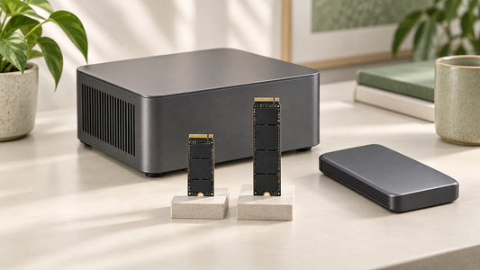 Mini PC générique avec deux modules de stockage et un boîtier SSD externe posés sur un bureau.