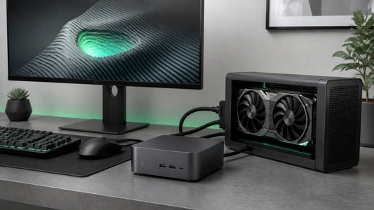 Mini-PC compact à côté d’un boîtier eGPU sur un bureau moderne