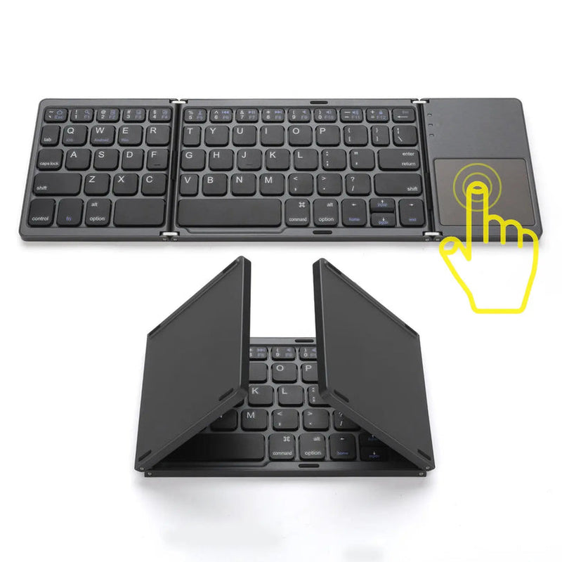 Clavier Bluetooth GMKtec pliable avec pavé tactile, ouvert et partiellement replié.